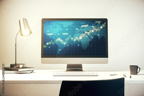 Modern computer display with abstract financial graph with world map, financial and trading concept. 3D Rendering