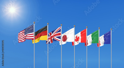 3D illustration. G7 flags Silk waving flags of countries of Group of Seven : Canada, USA states, Germany, Italy, France, Japan, UK 2020. Online summit. Big Seven.