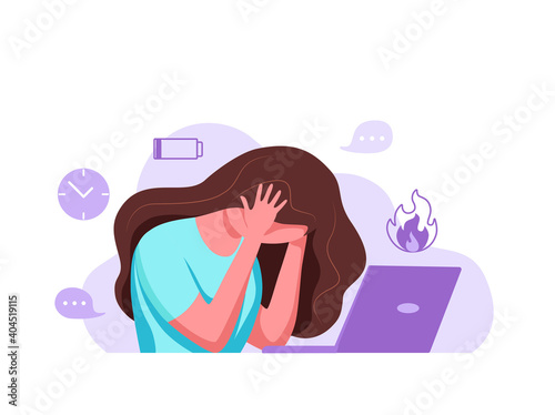 Professional burnout syndrome exhausted woman tired sitting at her workplace in office holding her head