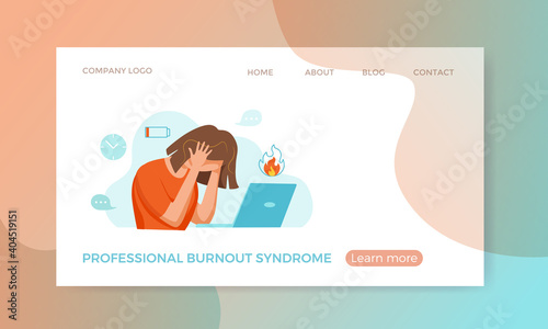 Professional burnout syndrome exhausted woman tired sitting at her workplace in office holding her head