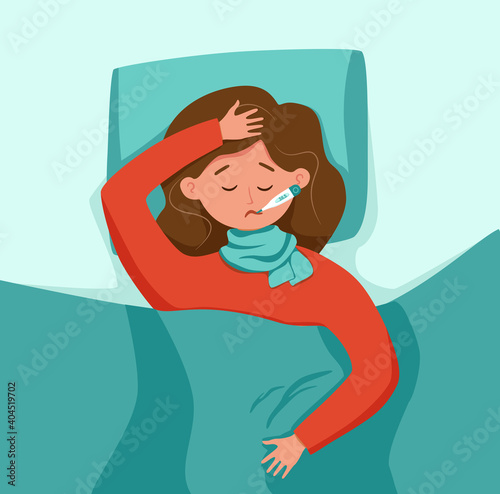 Sick child with fever with thermometer in mouth vector illustration.