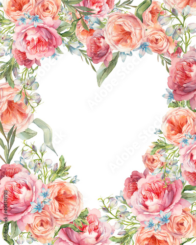 Watercolor Valentines Day card. Floral heart frame with peony and roses. Beautiful flowers wreath