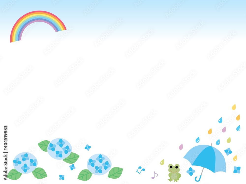 梅雨の紫陽花と虹と傘と蛙のフレームstock Vector Adobe Stock