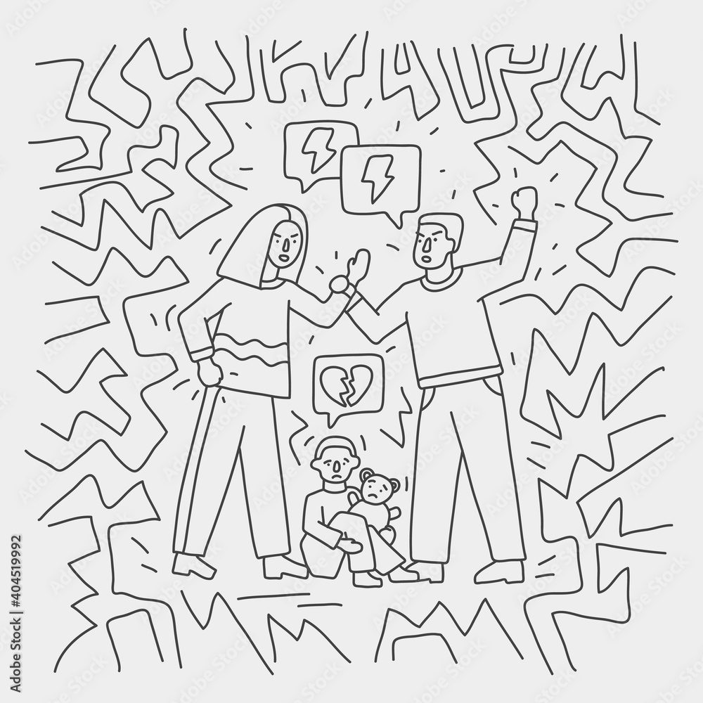 Hand drawn doodle style illustration of arguing parents with crying little toddler. Line art conceptual design Hand drawn doodle style illustration of arguing parents with crying little toddler. Line art conceptual design