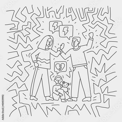 Hand drawn doodle style illustration of arguing parents with crying little toddler. Line art conceptual design