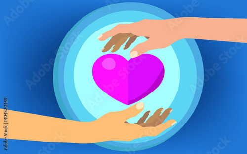 Heart in hand given to each other, Concept about love, care, donation, human kindness.. Vector Illustration with Color Gradient