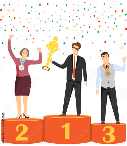 People are winners. People stand on the podium with awards and trophies. Vector illustration.