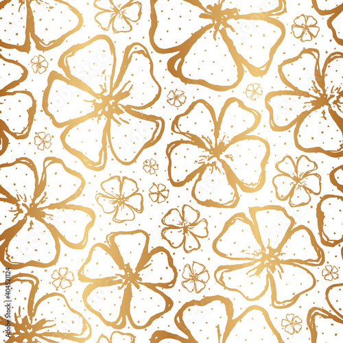 Golden floral seamless pattern. Gold spring background. Summer texture. Hand drawn flowers. Design flower for wallpapers, wrappings paper, gift wrappers, prints. Repeated pattern. Vector illustration