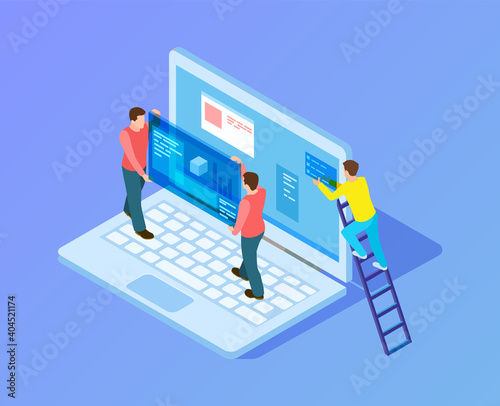 Web interface upgrade. Web developers, programmers at work. Isometric people working with laptop, content replacement vector illustration. Programmer development network interface