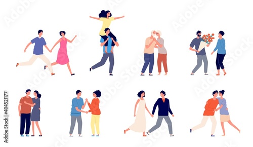 Romantic couple characters. Happy couples, romance adult hugging in love. Smiling people walking, isolated woman man partners vector set. Hugging adorable people illustration, romance, young and happy