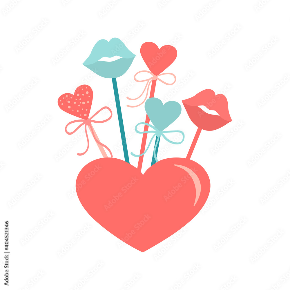 Cute illustration  with big red Heart and romantic toppers with hearts and sexy lips. Can be used for St Valentines Day, Romantic design and colorful decoration. Vector illustration isolated on white