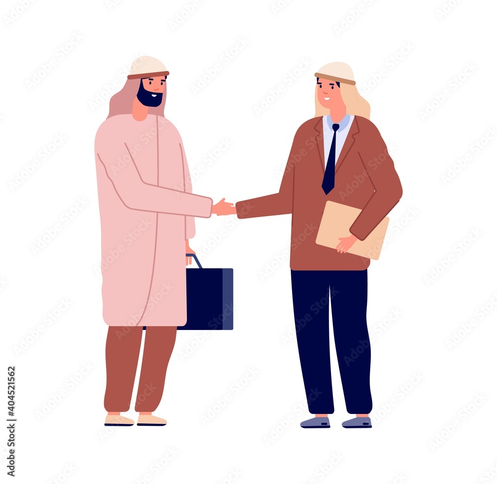 Arab businessman handshake. Business agreement, happy office workers greetings. Muslim male vector characters. Illustration business handshake, meeting and agreement Arab businessman handshake. Business agreement, happy office workers greetings. Muslim male vector characters. Illustration business handshake, meeting and agreement