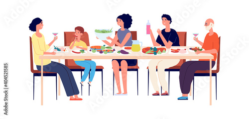 Family lunch. Happy people eating together, festive Christmas or Thanksgiving dinner. Diverse generations, man woman child celebrating vector illustration. Dinner table, family together at holiday