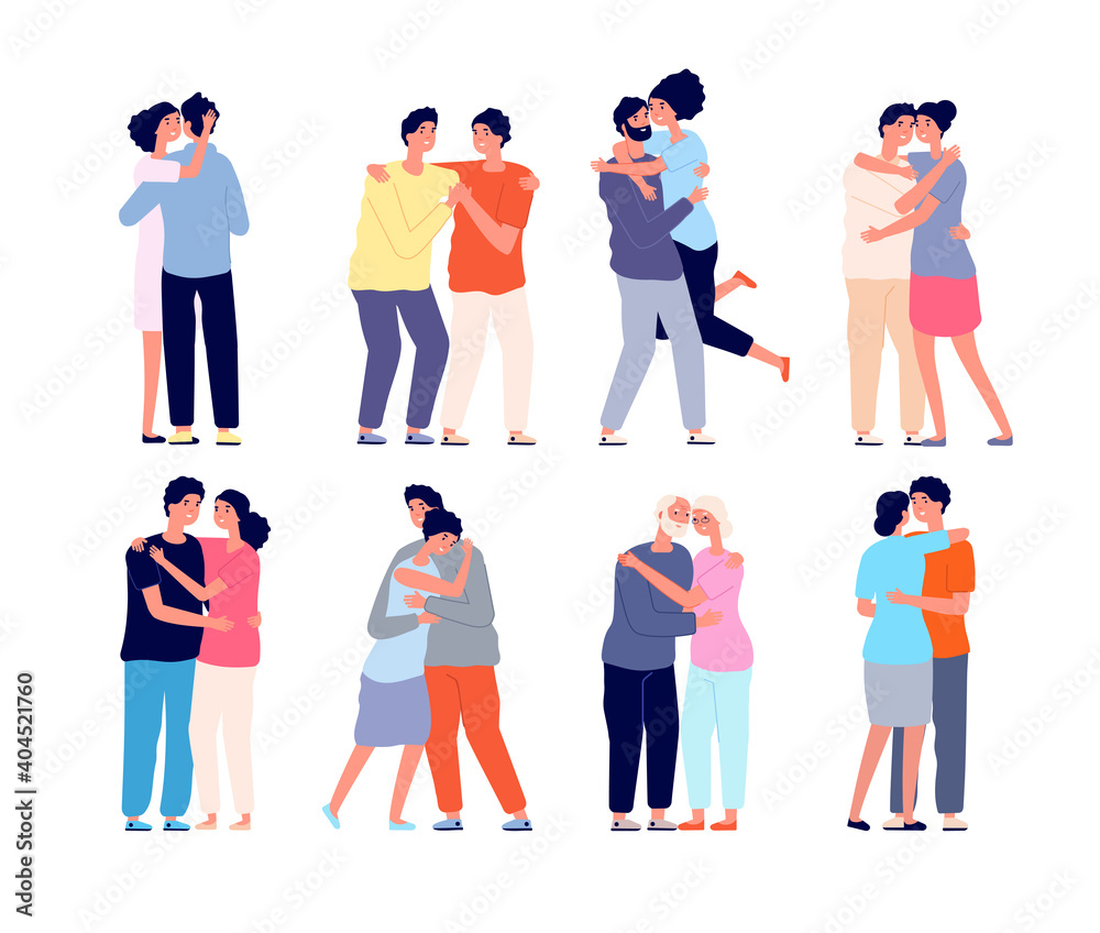 Hugging people. Embracing person, friends support each other. Couple in love hug together, isolated students utter friendship vector set. Illustration embracing togetherness, diversity community