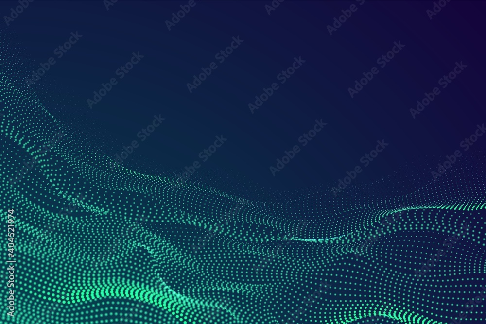 Dots particle waves. Digital surface, abstract data cyber information background. 3d dynamic flow, technology music recent vector banner. Surface wave connection visualization information illustration