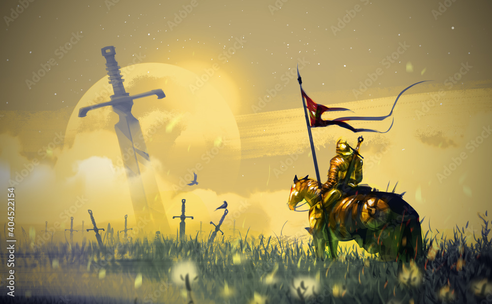 Φωτογραφία Digital illustration painting design style a golden knight and his horse walking to field of swords