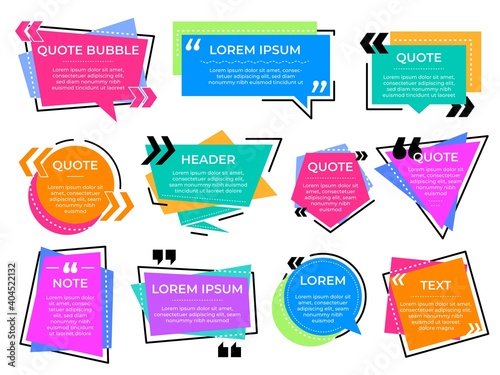 Quote text frames. Information bubbles, note message or texting block. Colorful info banner, quotation square recent vector set. Quote idea label, discussion communication textbox illustration