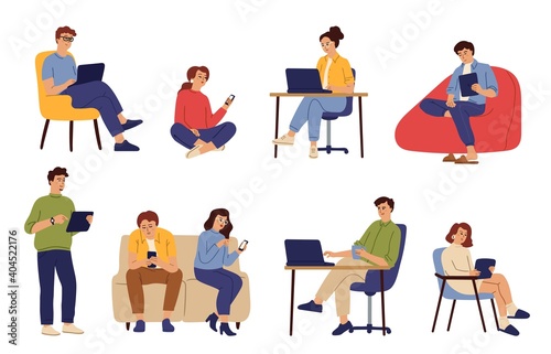 People surfing. Woman man using smartphone, person work from home. Digital addiction, communication swanky vector characters. Freelancer online communication, working and addiction illustration