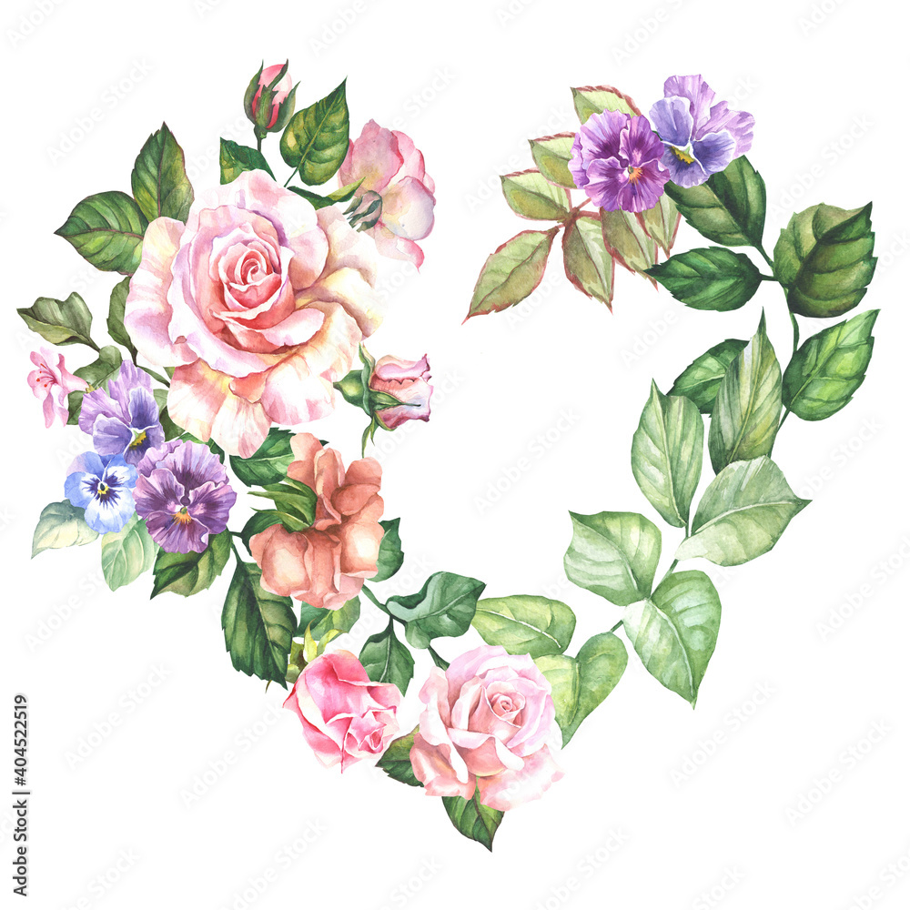 flowers heart with watercolor roses