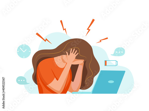 Professional burnout syndrome exhausted woman tired sitting at her workplace in office holding her head