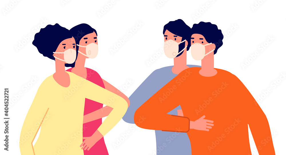 Obraz premium Friends bumping elbows. Distance greeting, protection contacts with people. Safe social touch, persons together in masks utter vector concept. Elbow bump protection avoid and prevent illustration