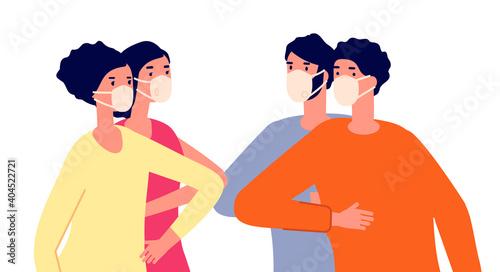 Friends bumping elbows. Distance greeting, protection contacts with people. Safe social touch, persons together in masks utter vector concept. Elbow bump protection avoid and prevent illustration