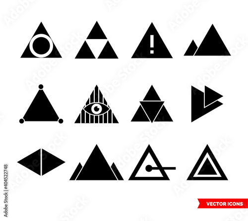 Triangle icon set of black and white types. Isolated vector sign symbols. Icon pack.