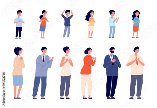 People applauding. Woman clapping, thankful business man and kids. Smiling persons support together with applause utter vector characters. Illustration business man and woman clapping