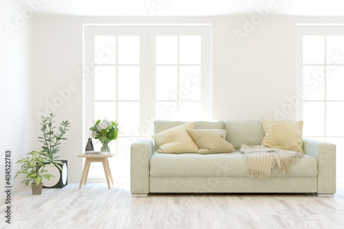 White living room with sofa. Scandinavian interior design. 3D illustration