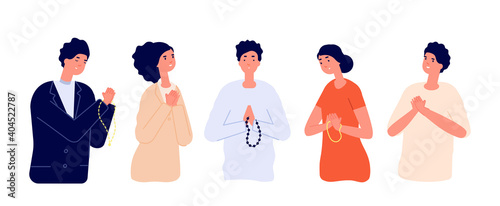 People pray. Say please, apologize man woman. Cartoon praying young persons with hopeful sad expressions folded hands utter vector concept. People hope and sorry, prayer pray illustration