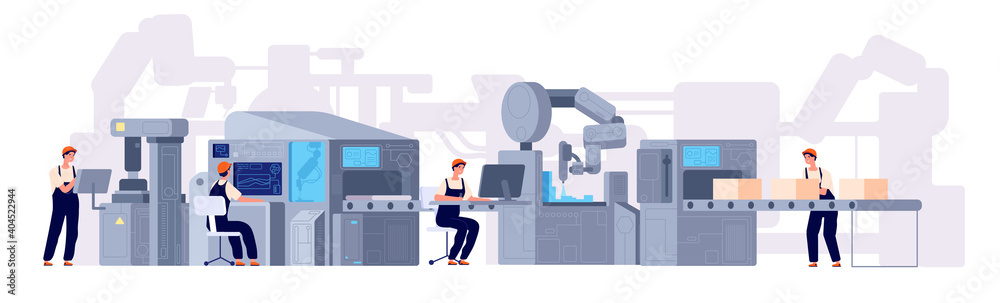 Production line. Manufacturing conveyor belt, industry machines factory workers. Product assembly process utter vector concept. Illustration industrial automatic factory line. Industry manufacturing