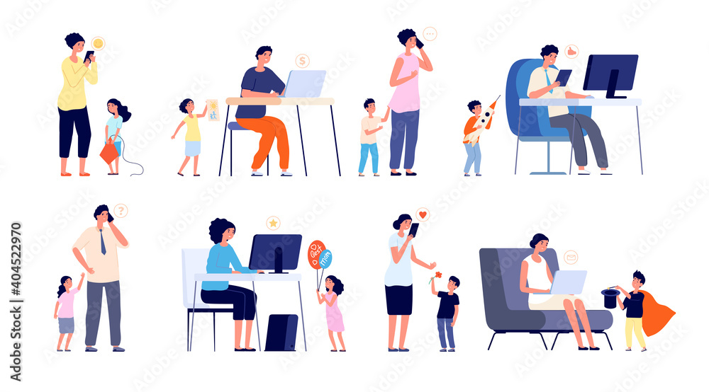 Parents with gadgets. Social network addiction, work from home and stress. Children and busy mother father, exhausted kids utter vector set. Illustration online communication, parent addicted