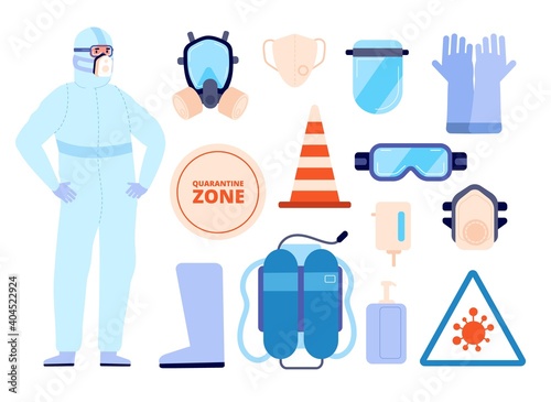 Medical safety equipment. Man in protect clothes, personal protective elements icons. Person wear boots face mask utter vector infographics. Illustration medical doctor in suit and surgical mask
