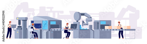 Production line. Manufacturing conveyor belt, industry machines factory workers. Product assembly process utter vector concept. Illustration industrial automatic factory line. Industry manufacturing