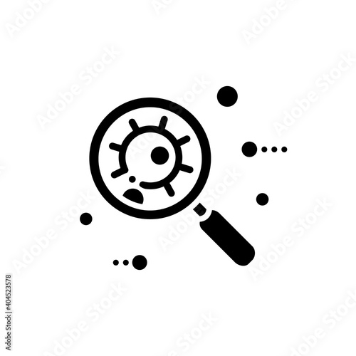 Pathogen glyph icon. Causative organism. Disease spread concept. Covid19, virus disease, influenza transmission. Infection in loupe. Blood antibody analysis. Isolated silhouette vector illustration