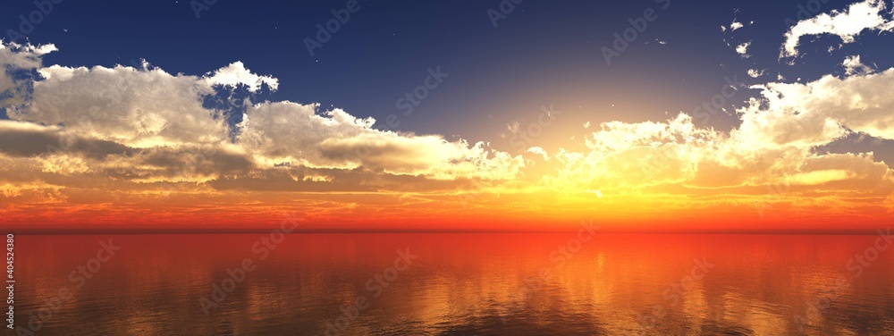 Ocean, sunset in the ocean, sea sunset, panorama of the seascape at sunset, panorama of the ocean landscape at sunrise, 3D rendering