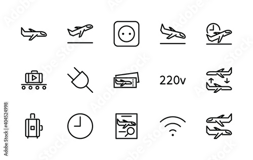 A simple set of vector line icons related to electronics. Contains icons such as: plane, ticket, suitcase, takeoff, landing, clock, wifi, socket and much more. Editable Stroke. 48x48 pixels is perfect