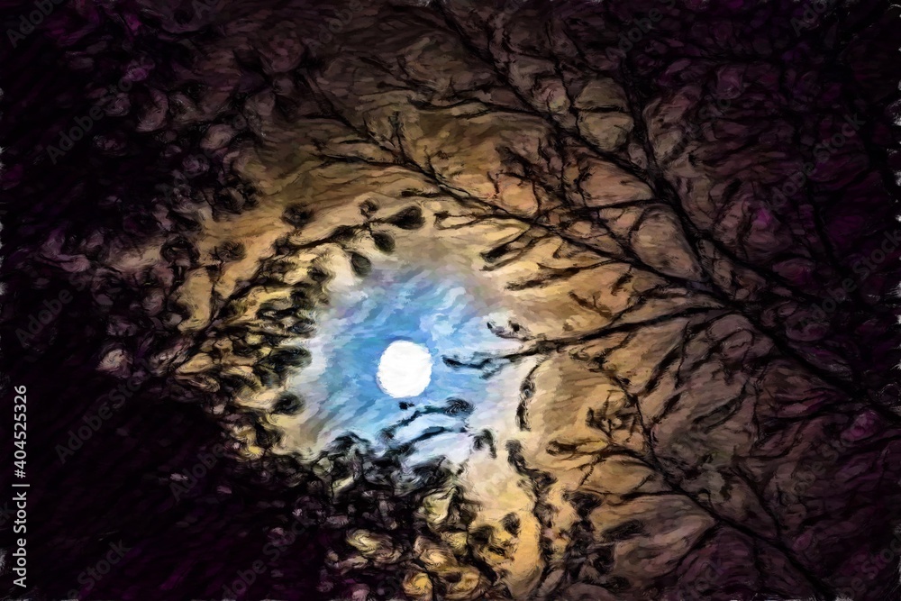 Colorful Moon Through the Trees Painting. Abstract image of the full moon and it's multicolored halo.