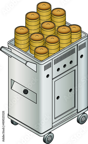 A yum cha steamer trolley with bamboo steamers of dumplings.