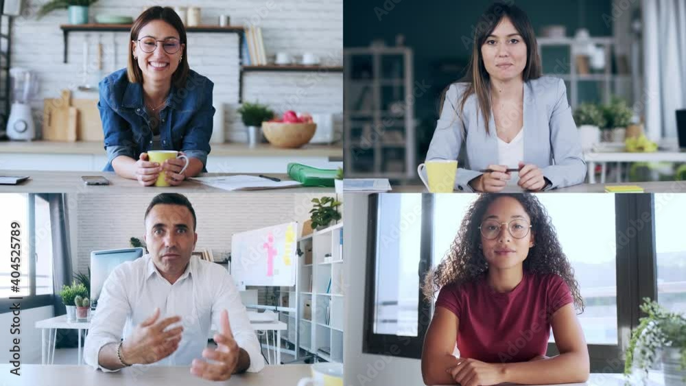 Video of headshot screen application view of diverse employees doing a video call while talking in video conference. Covid19 concept.