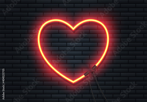 Vector illustration bright red neon heart isolated on dark brick wall background. Realistic retro neon heart sign for Happy Valentines Day. Romantic design element for greeting card and banner.