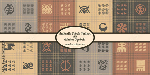 Collection of seamless authentic fabric patterns with african adinkra symbols designed for web, fabric, paper and all prints 