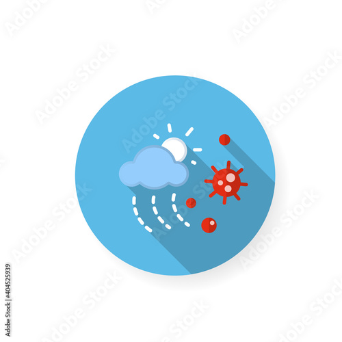 Virus spread with weather flat icon. Disease spreading and air pollution concept. Droplet spread in humid condition. Infection in air and raindrop. Color vector illustration with shadow
