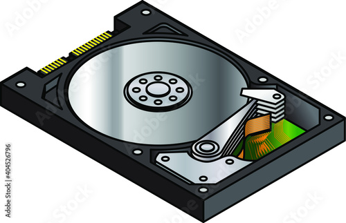 A Hard Disk Drive (HDD) with exposed innards. Isometric view.
