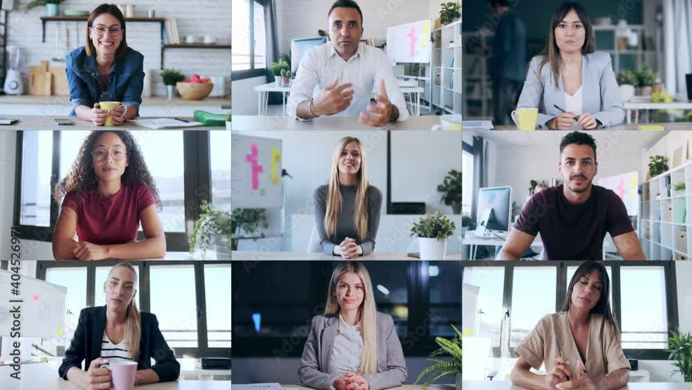 Video of headshot screen application view of diverse employees doing a video call while talking in video conference. Covid19 concept.