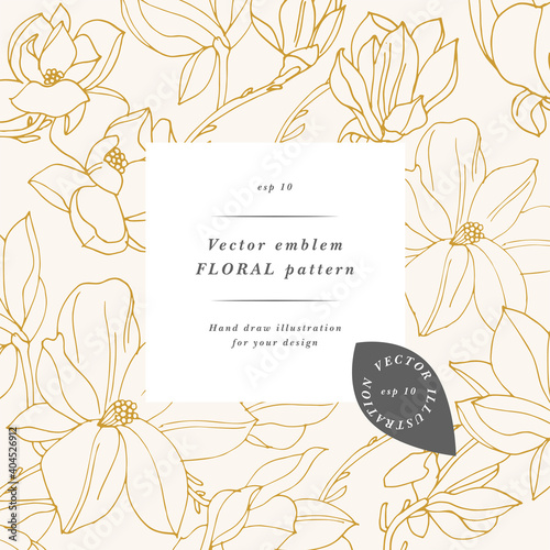Vintage card with magnolia flowers. Floral wreath. Flower frame for flowershop with label designs. Summer floral magnolia greeting card. Flowers background for cosmetics packaging.