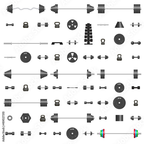 Set of 3D sports equipment items, vector illustration.