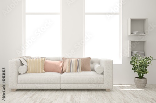 White living room with sofa. Scandinavian interior design. 3D illustration