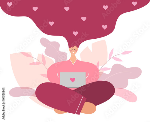 Celebrating Valentine's Day online due to global pandemic and quarantine. Girl with hearts in her hair sitting and texting online with her loved one on Valentine's Day. Vector illustration.