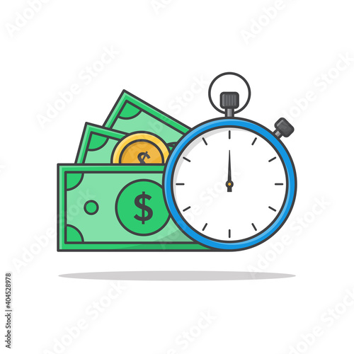 Time Is Money Concept Vector Icon Illustration. Clock And Money Symbols Flat Icons